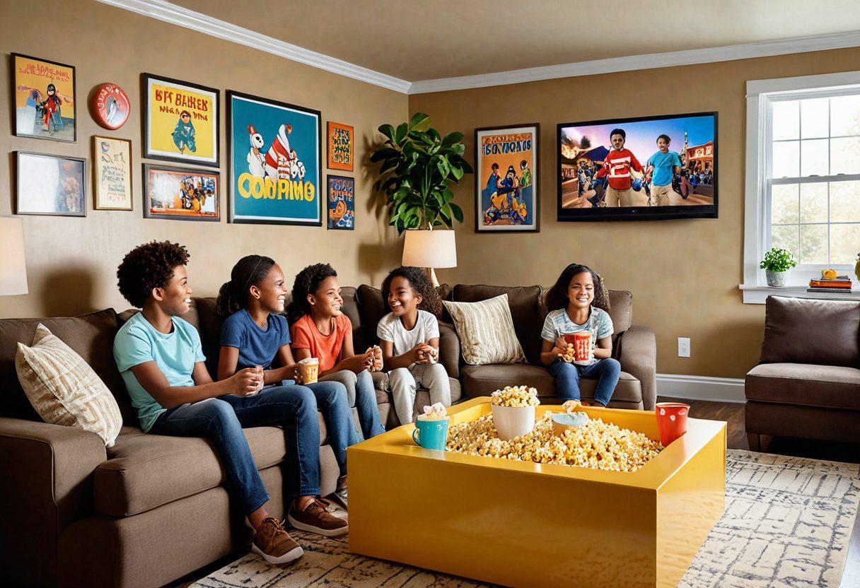 A warm and inviting family living room filled with laughter, featuring families of diverse backgrounds watching a vibrant movie on a large screen, with popcorn and snacks scattered around, colorful movie posters on the walls, kids playing with toys, and a cozy ambiance. super-realistic. vibrant colors. 3D.