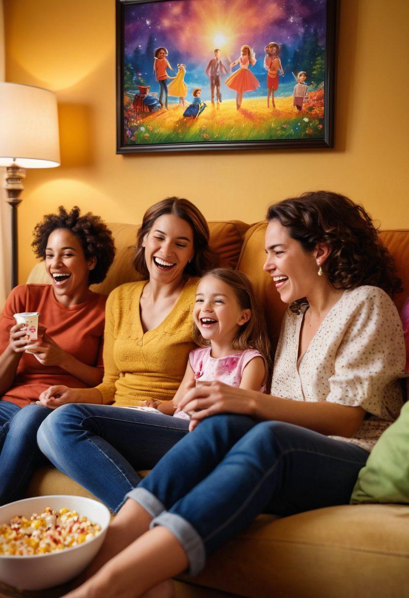 A cozy living room filled with a diverse family of four, sitting together on a couch, excitedly watching a blockbuster movie on a big screen. The room is adorned with movie posters and popcorn scattered about, highlighting the joy of movie nights. Soft warm lighting reinforces the intimate family atmosphere. Capture their expressions of laughter and excitement. painting. vibrant colors. warm tones.