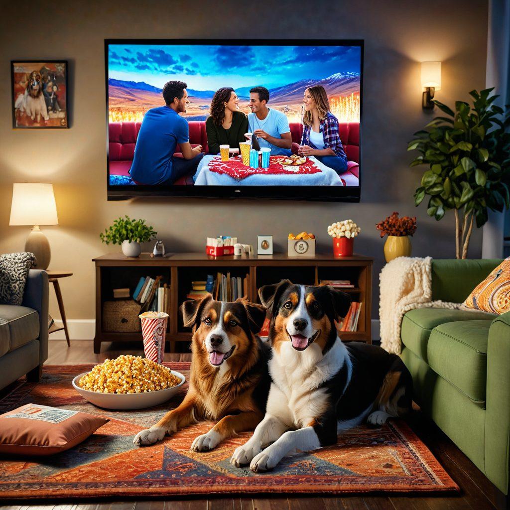 A cozy living room scene with a large screen displaying a cheerful movie, surrounded by friends laughing and enjoying popcorn. Soft, warm lighting creates an inviting atmosphere, while colorful movie posters adorn the walls. A coffee table is filled with snacks and drinks, enhancing the movie night vibe. Include a dog curled up on a plush rug, adding a touch of warmth to the scene. vibrant colors. super-realistic.